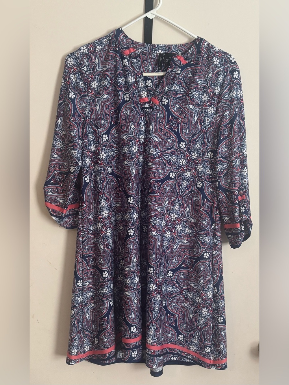 New Directions Navy Paisley Dress with Coral and White Accents (Size PM)